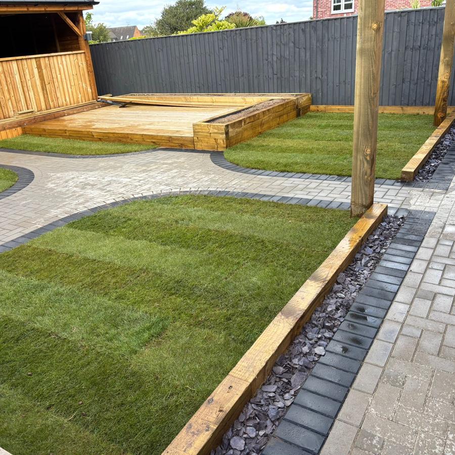 Landscaped garden with decking and path