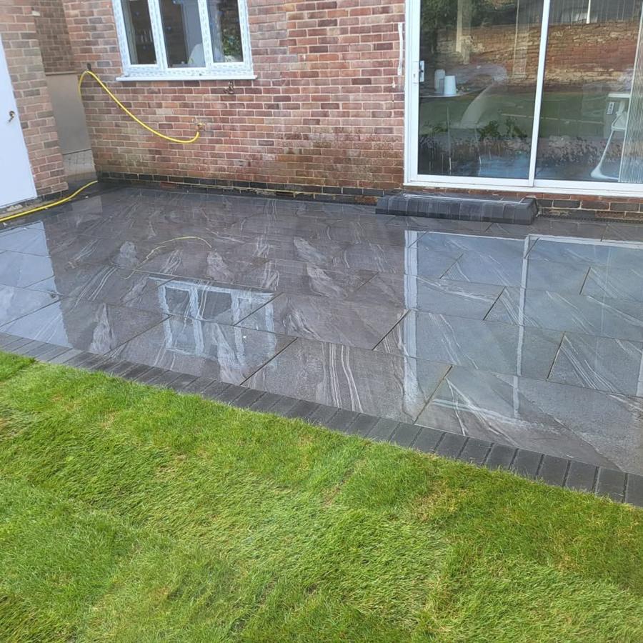 Slate grey patio and lawn